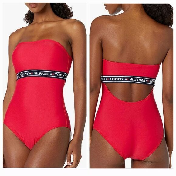 Tommy Hilfiger Red Logo Band Cutout Back striped tape detail Bandeau swimsuit M - Picture 1 of 16